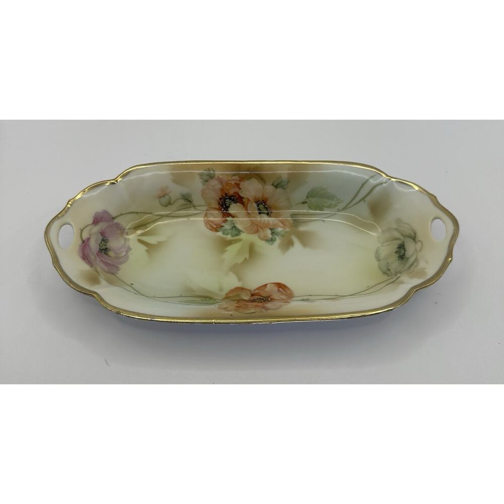 1930s Prov Saxe ES Porcelain Radish Dish Germany Hand Painted Floral Handles